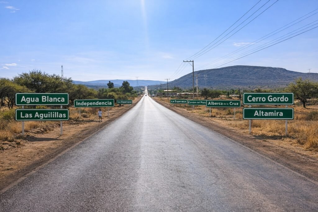 Carretera rural en Zaragoza San Luis Potosí con letreros representando algunas comunidades del municipio