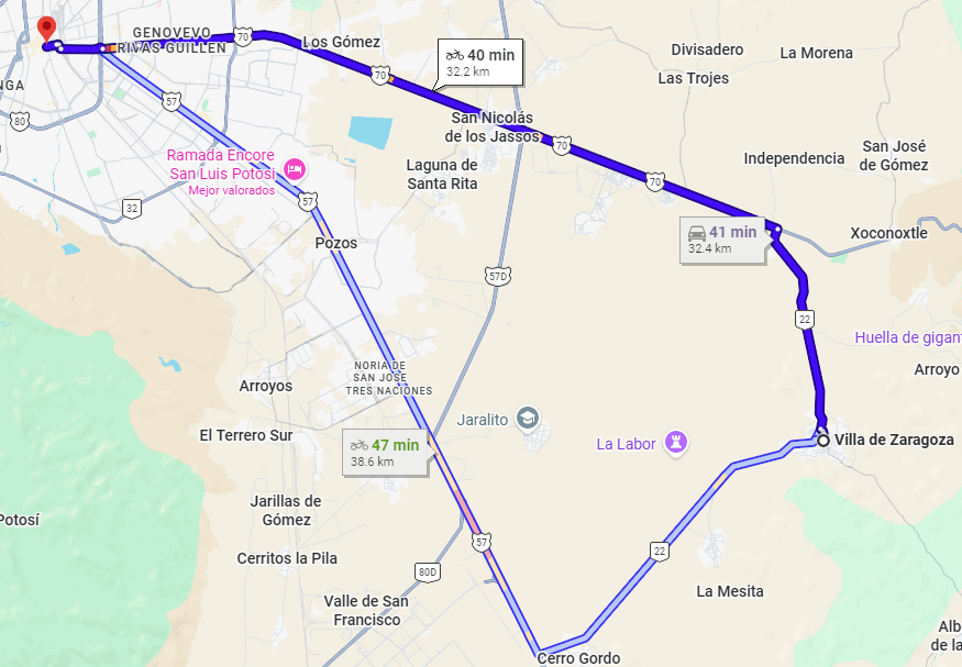 Mapa de la ruta para llegar a Zaragoza San Luis Potosí desde la ciudad de San Luis Potosí